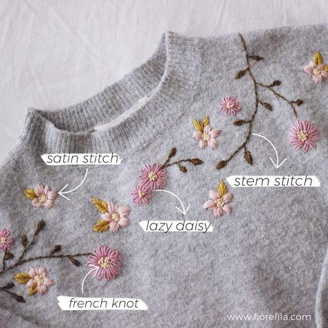 DIY Flower Embroidery on Knit Sweater - fiorelila Floral Shirt Embroidery, Embroidery Flowers On Sweaters, Embroidering On Sweaters, T Shirt Flower Embroidery, Flower Outline For Embroidery, Embroidery Flowers Sweater, Sweater Flower Embroidery, Embroidery On Knitting Patterns, Embroidery Flowers On Shirts