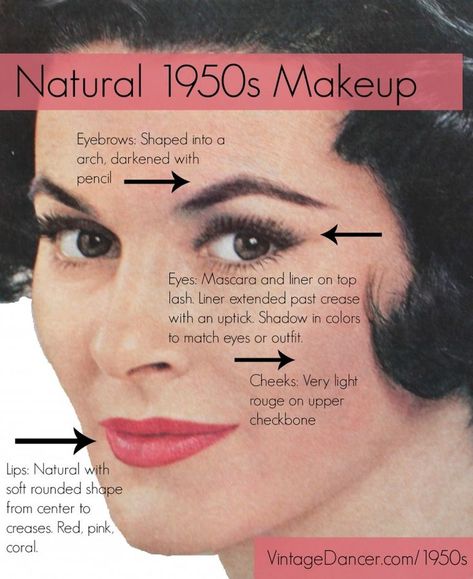 Authentic and natural 1950s makeup guide. How to create a vintage makeup look worn by real women in the 1950s. vintagedancer.com/1950s/1950s-makeup/ 1950 Makeup, 1950s Makeup Tutorial, 1950s Hair And Makeup, Cabelo Pin Up, 1950s Beauty, Make Up Guide, 1950s Makeup, 50s Makeup, Makeup History