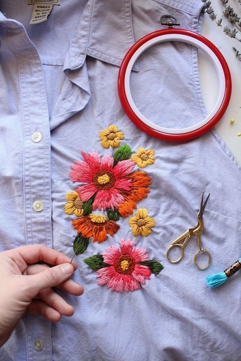 How to Embroider Clothes - Easy DIY - Crewel Ghoul Upcycling, Embroider Clothes, Diy Embellishments, Embroidered Clothing, Kurti Embroidery Design, Diy Scarf, Make Your Own Clothes, Hand Embroidery Tutorial, Embroidery On Clothes