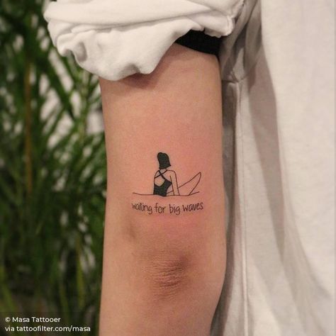 Waiting for big waves Surfs Up Movie Tattoo, Surf Board Tattoo Simple, Small Surfboard Tattoo, Surf Tatoos Ideas, Surfboard Tattoo Ideas, Minimalist Surf Tattoo, Surfboard Tattoo Small, Surfer Tattoo Ideas, Surf Board Tattoo