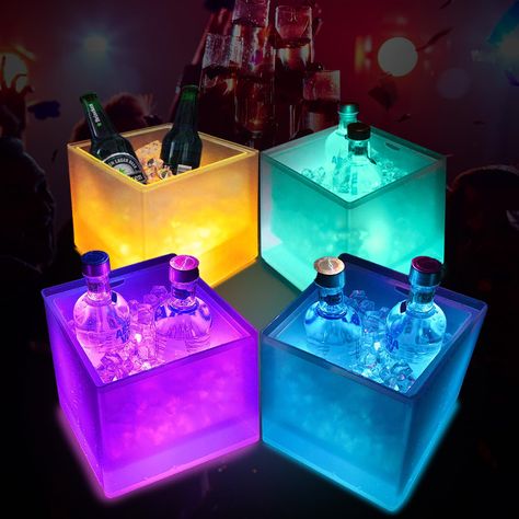 PRICES MAY VARY. 【Large Capacity】3.5L Large capacity can accommodate at least 2 bottles 750ML champagne or 5 bottles of 330ML beer or 4 bottles of wine or 8 cans or 3 large champagne bottles. This is the bar, KTV standard configuration. The ice bucket can be powered by batteries (batteries not include) 【Technology of LED Color Changing】Professional technology of led color changing allows the ice bucket to be converted to a variety of colors(seven different colors) at any time, and the color auto Led Wedding Decorations, Night Club Party Theme, Mobil Bar, House Party Aesthetic, Bar Ice Bucket, Drink Night, Sound Garden, Wedding Drinks, Square Storage