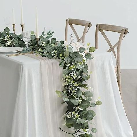 Our eucalyptus leaves garlands are made from high-quality silk leaves and plastic stems, so they are vivid, lush and natural looking. Leaves are lifelike with abundant textured. Stems are flexible and easy to shape. Not easy to fade and durable.

 4 packs 5.9FT/180CM long artificial greenery garlands with sliver dollar eucalyptus leaves, boxwood eucalyptus leaves, and baby breath gypsophila flowers. Gypsophila Garland, Leaf Table Decor, Mantle Table, Artificial Eucalyptus Garland, Dollar Eucalyptus, Feuille Eucalyptus, Silver Dollar Eucalyptus, Hanging Vines, Wedding Party Table