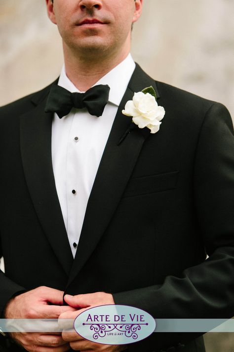 Gardenia Boutonniere, Black Suit Wedding, White Boutonniere, Wedding Tux, Black And White Suit, Button Holes Wedding, Black And White Tuxedo, Groomsmen Boutonniere, Birmingham Wedding