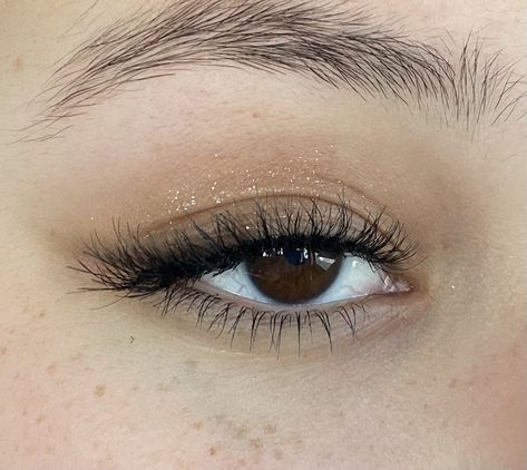 Simple Eyeshadow And Eyeliner, Smoked Out Eyeliner Natural, Simple Eye Glitter Makeup, Simple Shimmer Eyeshadow, Light Concert Makeup, Subtle Glitter Eyeshadow, Silver Brown Eyeshadow, Concert Makeup Simple, Simple Prom Makeup Natural Looks Silver