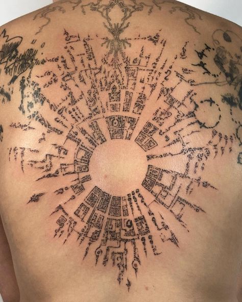 Ancient Circuits Tattoo, Herogliphic Egypt Tattoo, Cuniform Text, Hypersigilism Tattoo, Life Journey Tattoo, Oracle Matter Tattoo, Back Tattoo Tree, Ancient Tattoo Ideas, Anthropology Tattoo