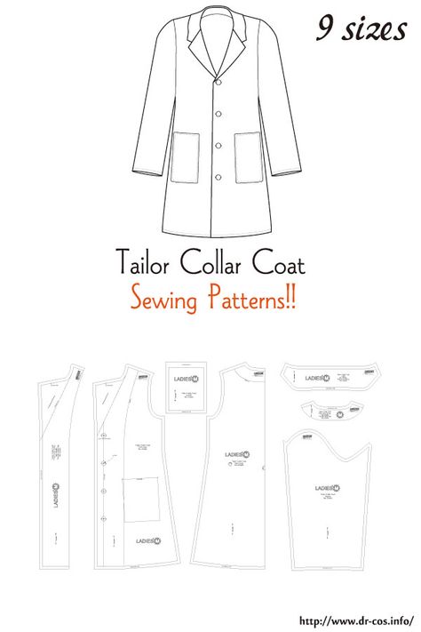 This is the pattern of a Tailor Collar Coat. inch size(letter size) Children's-4,8,10/Ladies'-S,M,L,LL/Men's-L,LL cm size(A4 size) Children's-100,120,140/Ladies'-S,M,L,LL/Men's-L,LL Molde, Lab Coat Pattern Sewing, Womens Coat Outfit, Ladies Coat Pattern, Raincoat Pattern Sewing, Coat Pattern Sewing Free, Free Coat Sewing Pattern, Clothing Patterns Men, Doll Coat Pattern Free