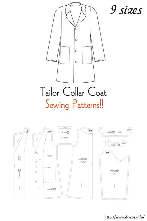 This is the pattern of a Tailor Collar Coat. inch size(letter size) Children's-4,8,10/Ladies'-S,M,L,LL/Men's-L,LL cm size(A4 size) Children's-100,120,140/Ladies'-S,M,L,LL/Men's-L,LL Womens Coat Outfit, Lab Coat Pattern Sewing, Ladies Coat Pattern, Raincoat Pattern Sewing, Coat Pattern Sewing Free, Free Coat Pattern, Clothing Patterns Men, Doll Coat Pattern Free, Free Coat Sewing Pattern