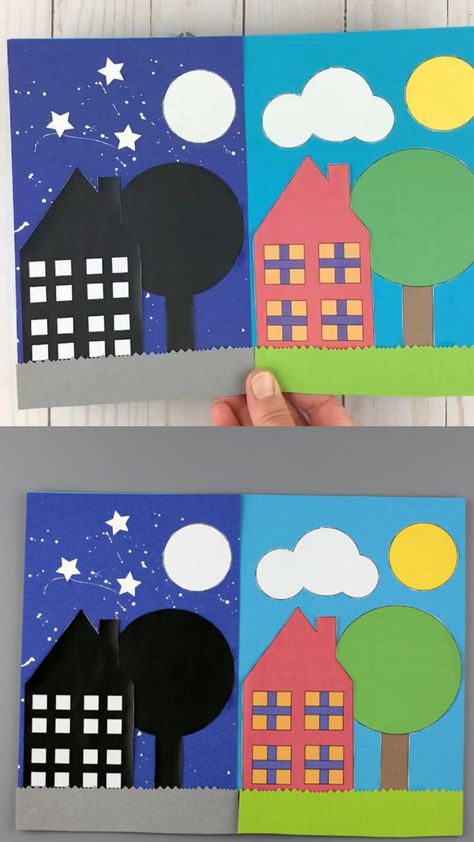 Day And Night Craft Kindergarten, Day Night Craft Preschool, Day Night Craft, Day And Night Preschool Craft, Night And Day Crafts Preschool, Day And Night Project For Kids, Day And Night Crafts For Kids, Day And Night Craft, House Crafts For Kids