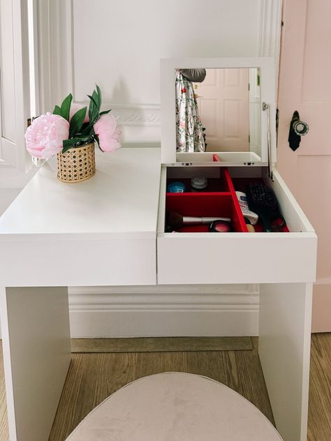 Ikea hack dressing table. DIY the Brimnes makeup vanity with mirror and drawers to look cute. This is a narrow piece so its perfect for small spaces. I'm using grasscloth and new hardware for the makeover tutorial Ikea Brimnes Dressing Table, Ikea Brimnes Vanity, Ikea Hacks Dressing Table, Ikea Hack Dressing Table, Brimnes Vanity, Ikea Vanity Hack, Dressing Table Diy, Ikea Hacks Makeup Vanity, Vanity For Small Space