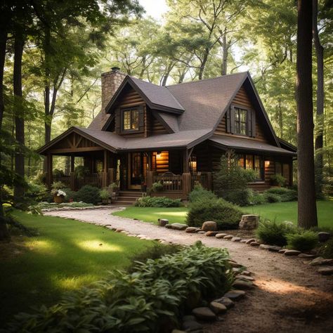 Two Story Cabin In The Woods, Houses In The Middle Of The Woods, Cottage Like Home Exterior, Houses That Blend In With Nature, Country Cabin Exterior, Farmhouse In Woods, House By The Woods, Country Side House Design, Bungalow In The Woods