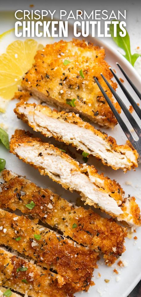 Whip up these crispy parmesan chicken cutlets in just 40 minutes! Perfectly seasoned with garlic, parmesan, and Italian seasoning, they're a hit with both kids and adults. Perfect Chicken Cutlets, Crunchy Chicken Parmesan Recipe, Crispy Parmesan Chicken Cutlets, Chicken Parmesan Recipe Fried, The Best Chicken Cutlets, Airfry Chicken Cutlet, Italian Parmesan Crusted Chicken, Crispy Baked Chicken Cutlets, Crispy Chicken Caesar Cutlets