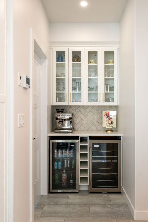 Pantry With Bar Fridge, Beer Fridge In Kitchen, Drink Station In Pantry, Wine Fridge Pantry, Coffee And Wine Station, Dry Bar With Wine Fridge, Architectural Farmhouse, Wine Fridge Bar, Angel Kitchen