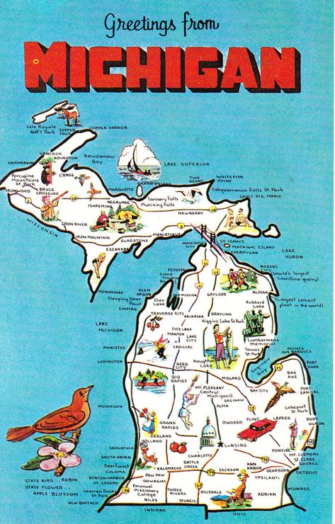 Michigan State Greetings From Map Postcard | MICHIGAN Wolver… | Flickr Michigan Poster, Cornish Pasty, History Pics, Packing Wardrobe, Mackinaw City, Meat Pies, Vintage Michigan, Harbor Springs, State Of Michigan