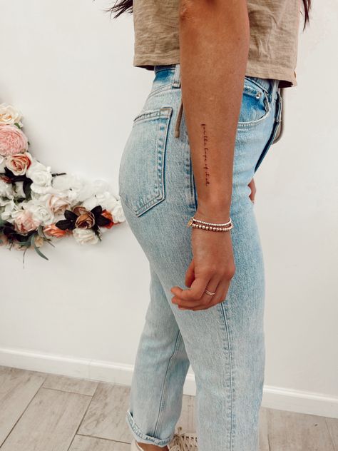 Writing Tattoo Ideas For Women, Wording Arm Tattoo, Forearm Tattoo Women Feminine, Dainty Forearm Tattoos For Women, Tattoo Words On Forearm, 2 Word Tattoo Placement, Cursive Tattoo On Arm, Tattoo Word Placement Arm, Back Side Of Arm Tattoo Women