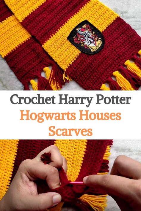 How To Crochet Harry Potter Scarf, Harry Potter House Scarf Crochet, Gryffindor Crochet Scarf, Hogwarts Scarves Crochet, Hogwarts House Scarves, Harry Potter Scarf Crochet Pattern Free, Harry Potter Crochet Gifts, Hogwarts Crochet Scarf, Crochet Hufflepuff Scarf Free Pattern