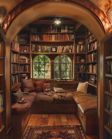 Home With Library, Small Library Area Ideas, Cottagecore House Library, Bookworm Dream House, Library Corner In Bedroom, Library And Study Room Ideas, Home Library Rustic, Study And Library Room, Small Cabin Library