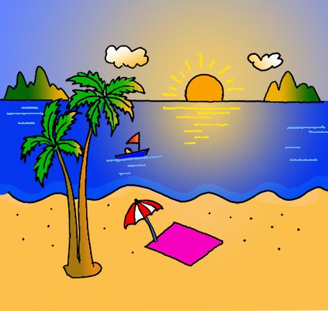 How to Draw a Beach Scene - Step by Step Easy Drawing Guides - Drawing Howtos Draw Beach Easy, Drawing Beach Easy, Summer Drawings Easy For Kids, How To Draw A Beach Scene Step By Step, Summer Drawing Ideas The Beach, Beach Easy Drawings, Beach Scene Drawing Easy, Drawing Beach Scenes, How To Draw A Beach Scene