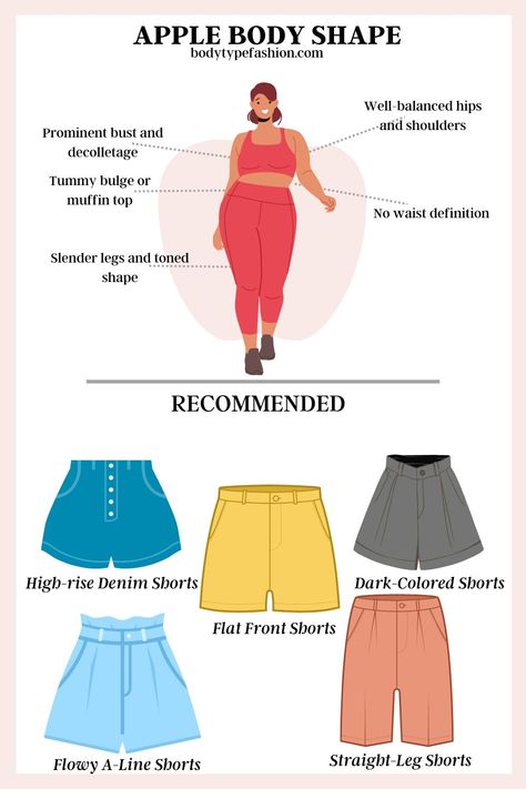 How to Choose Shorts for Apple Body Shape - Fashion for Your Body Type Apple Body Shape Clothes, Plus Size Body Shapes, Apple Body Shape Fashion, Apple Body Shape Outfits, Apple Body Shape, Apple Body Type, Apple Shape Outfits, Rectangle Body Shape, Apple Body Shapes