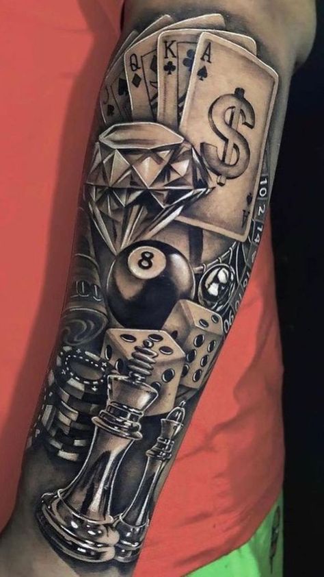 Gambling Tattoo Ideas, Cruces Tattoo, Poker Tattoo, Leg Sleeve Tattoos, Viking Warrior Tattoos, Casino Tattoo, Leg Tattoo Ideas, Dice Tattoo, Chicano Tattoos Sleeve