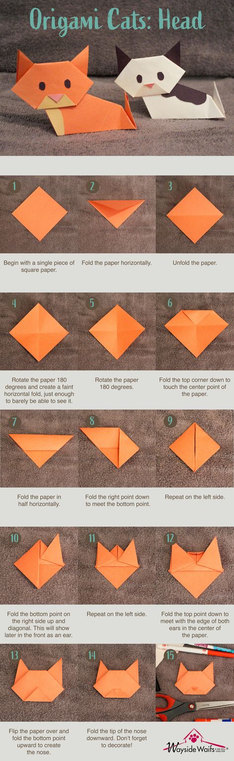 Learn how to make origami cats!   For more fun ideas, follow Wayside Waifs! How To Make A Paper Cat, Cat Origami Tutorial, How To Make A Cat, Cat Origami Easy, Post It Origami, Post It Note Origami, Origami Cat Tutorial, Origami Cat Instructions, Origami Cat Face