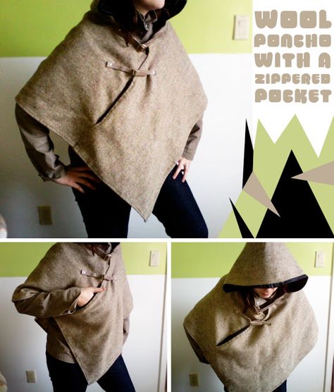 M. Patrizio • Daily Life + DIY: Sewing project of the week: Hooded Poncho w/ pocket Bushcraft, Diy Poncho, Poncho Diy, Poncho With Hood, Denim Crafts Diy, Hooded Poncho, Denim Crafts, Sewing Project, Jacket Outfits