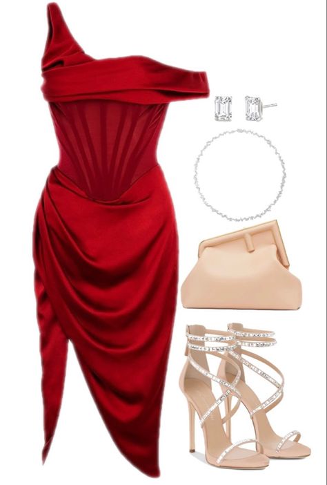 Heels For Red Dress Classy, Red Dress Outfit Accessories, Beautiful Red Dresses Classy, Red Dress Outfit Classy Elegant, Red Dress Necklace, Red Dress And Heels Outfit, Red Dress With Accessories, Red Dress And Gold Accessories, What Heels To Wear With Red Dress