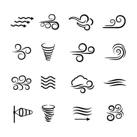 Wind weather, nature icon set. Natural movement of the air symbols. Vector line art illustration isolated on white background Symbols For Elements, Air Logo Design Symbols, Wind Symbol Tattoo, How To Draw Air, Air Drawing Element, Water And Air Tattoo, Air Symbolism, Wind Tattoo Design, Air Doodle