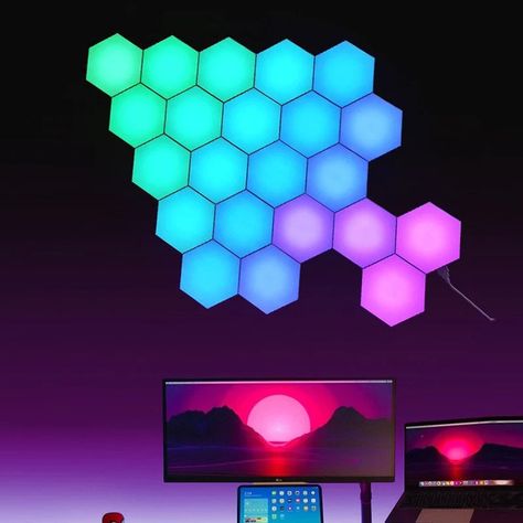 Transform your walls into a colorful, illuminating work of art with Touch Sensitive Modular Color LED Wall Lights! Our easy-to-install lights come with 6 modular touch sensitive tiles and 6 3M sticky pads that allow you to hang them without needing holes. It’s perfectly designed for customization, featuring 13 vibrant colors and 3 dynamic modes—colorful slow-change, fast-change, or monochrome. The possibilities are endless—express yourself however you please!  Features   	Modular Design 	Each La Bedroom Wall Lamp, Modular Tile, Desain Pantry, Light Board, Wall Lamps Bedroom, Lampe Decoration, Modular Walls, Sound Control, Bathroom Color