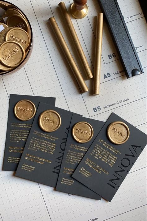 customized gold seals Wax Seal Business Card, Gold Stamping Packaging, Thank You Packaging, Luxury Thank You Card, Luxury Business Card Design Creative, Thank You Gift, Thank You Gift Ideas, Wax Stamp Ideas, Cards Creative Ideas