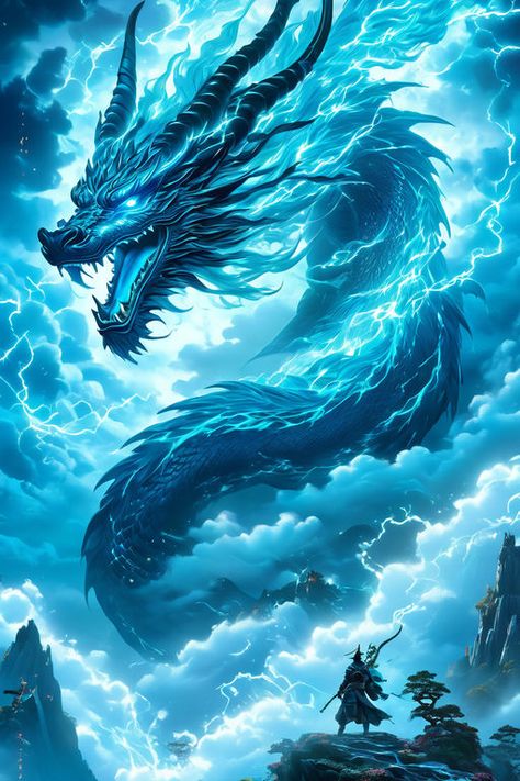 Storm Dragon Fantasy Art, Water Dragons Art, Blue Dragon Tattoo Design, Thunder Dragon Art, Water Element Animals, Naga Biru, White And Blue Dragon, Flying Dragon Tattoo, Blue Dragon Art