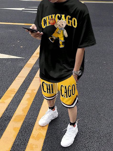 Multicolor Casual Collar   Animal,Cartoon,Letter  Embellished Slight Stretch  Men Clothing Fitted Hats Outfit, Fat Boy Fashion, Basketball Shorts Outfit, Hat Outfit Men, Mens Fashion Swag, Drippy Outfit, Teddy Bear Design, Swag Outfits Men, Drawstring Waist Shorts