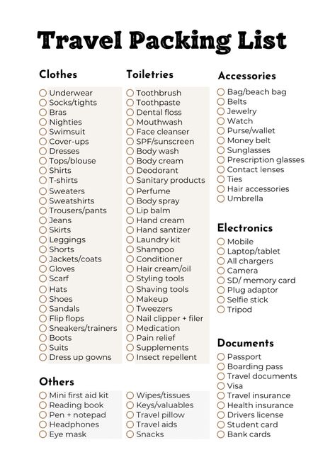 From clothes to important documents this ultimate travel packing list has everything you need for your next vacation! With this travel packing checklist you won’t be forgetting a thing, so get ready to jet set with all the travel essentials for your holiday! Things For Travel Packing Lists, Luggage Checklist Packing Lists, Travel Essentials Checklist, Holiday Clothes Checklist, Holiday Needs List, Essential For Travel Packing Lists, List For Vacation Packing, Summer Travel List Packing, List Of Travel Essentials