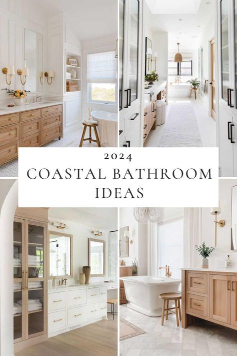 Beautiful Coastal Bathroom Ideas and Trends for 2024 – jane at home Modern Farmhouse Coastal Bathroom, Shower Closet Ideas, White Oak Modern Bathroom, Coastal Bathroom Gold Hardware, White And Wood Bathroom Decor, Beach House Powder Room Ideas, Beach Half Bathroom Ideas, Bathroom Inspiration White Vanity, Coastal Minimalist Bathroom