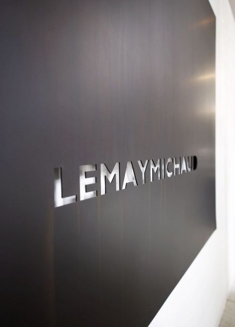 LEMAYMICHAUD  -    Canadian architecture and design firm  www.lemaymichaud.com/en/home.html Laser Cut Signage, Metal Signage, Office Signage, Office Logo, Company Signage, Wall Signage, Retail Signage, Wayfinding Design, Exterior Signage