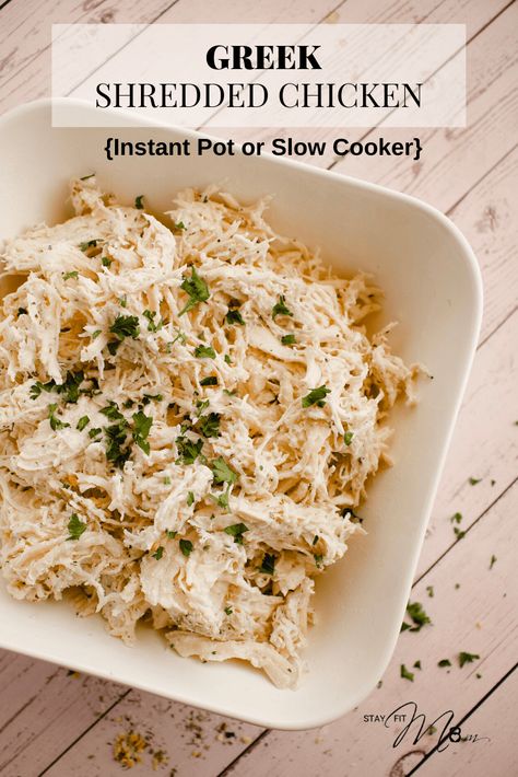 High Protein Dinner Instant Pot, Greek Shredded Chicken, High Protein Instant Pot, Chicken Stay, Creamy Chicken Enchiladas Recipe, Stay Fit Mom, Shredded Chicken Crockpot, Macro Counting, Fit Meals