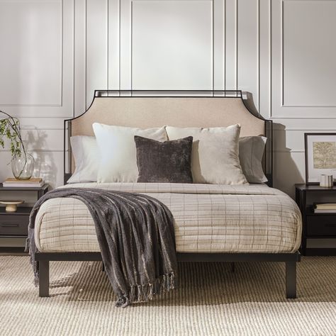 Bring together antique charm and a modern silhouette to get this stunning upholstered metal queen bedframe that's perfect for your classic or contemporary abode. Queen Bedframe, Cozy Setup, White Bed Frame, Youth Bedroom, Queen Platform Bed, Solid Wood Bed, Perfect Marriage, Wood Beds, Bedroom Furniture Beds