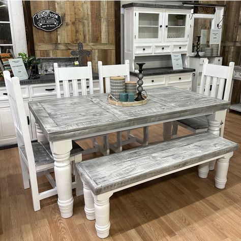 Suburban Farmhouse Table Set Grey Farmhouse Table, White Wash Table, Suburban Farmhouse, Farmhouse Style Kitchen Table, Formal Living Room Designs, Industrial Style Living Room, Industrial Style Bedroom, Farmhouse Table Setting, Rustic Style Decor