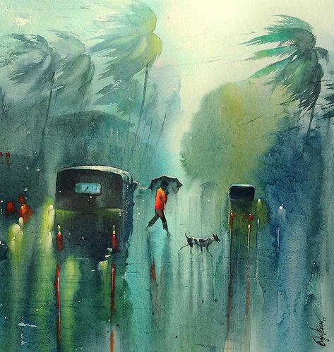 Mimicking nature is no small task, especially when it involves a moody and constantly swinging factor such as the weather. Yet, watercolour artist from Pondicherry, Nadeesh Prabou, attempts to bring to life nature’s aspects in the most realistic representations possible, through his watercolour paintings of different weather situations. Croquis, Watercolor Indian, Watercolor Scenery, Watercolor Paintings Nature, Nature Watercolor, Art Village, Scenery Paintings, Watercolour Inspiration, City Painting