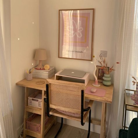 How To Refresh & Decorate Your WFH Desk Space Small Desk Workspaces, Simple Desk In Bedroom, Simple Bedroom Desk Ideas, Small Desk For Room, Small Desk In Small Bedroom, Desk For Studio Apartment, Cute Little Desk, Small Desk Styling, Dorm Room Study Table Ideas