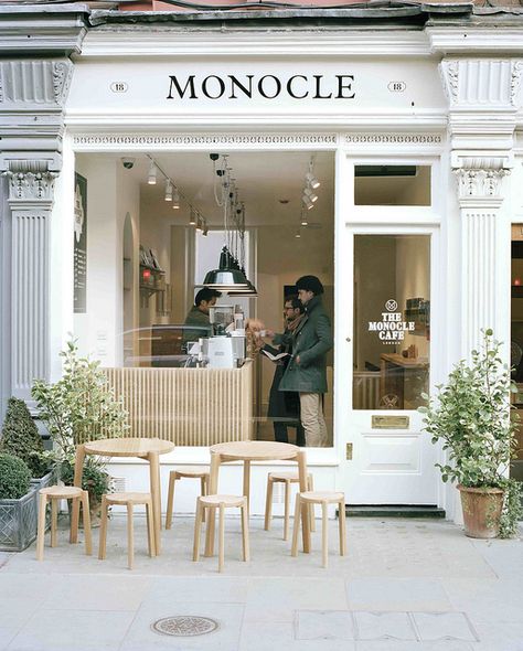 Monocle Cafe London by magCulture, via Flickr French Cafe Branding, Monocle Cafe, Display Visual Merchandising, Fasad Design, Small Coffee Shop, Chairs And Tables, Small Cafe, Coffee Shops Interior, 카페 인테리어 디자인