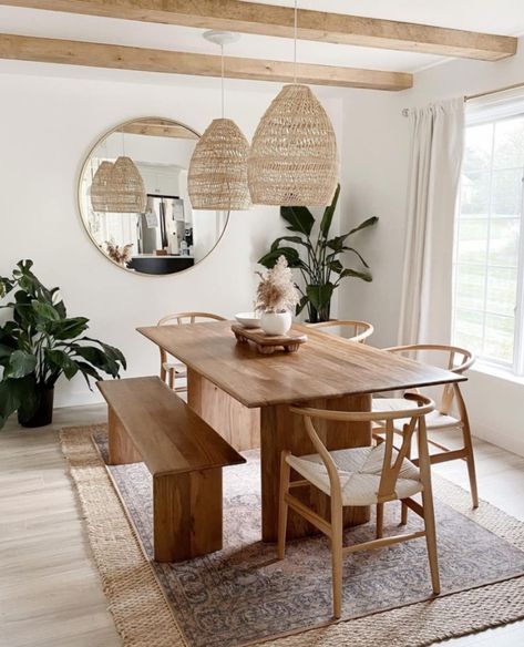 Boho Dining Room, Dinning Room Design, Dinner Room, Tropical Getaways, Dining Room Inspiration, Solid Wood Dining Table, Crystal Decor, Tropical Decor, Faux Plants
