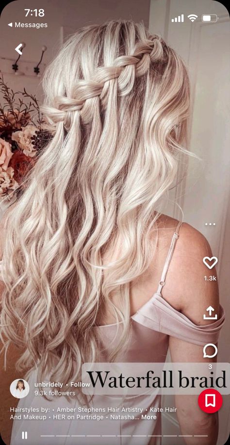 Waterfall Braid Prom, Wavy Frizzy Hair, Wavy Bridal Hair, Dutch Braid Crown, Wavy Hair With Braid, Bridesmaid Hair Inspo, Braid Crown, Waterfall Braid Hairstyle, Bridal Hairstyles With Braids