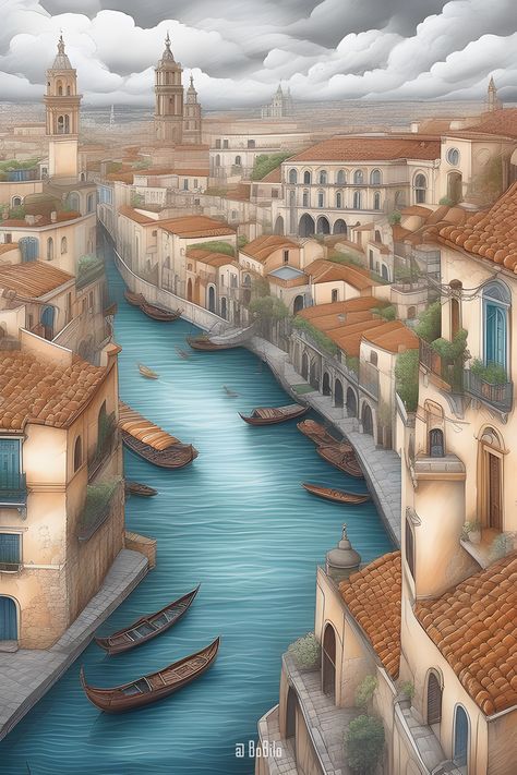 Square Fantasy Art, River Town, City Square, Fantasy Landscapes, Cloudy Weather, Minecraft Architecture, Moyen Age, Colored Pencil, Fantasy Landscape