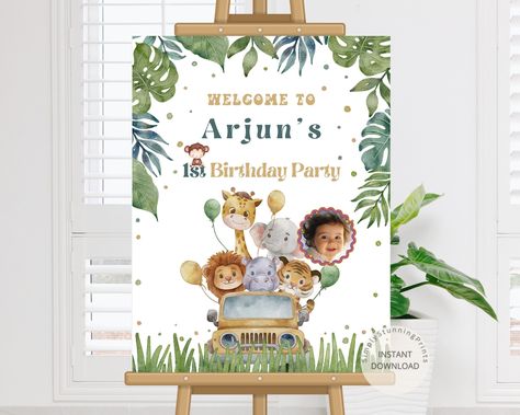 Jungle Safari Birthday Party Welcome Sign | Wild One Boy's First Birthday Sign | Indian Birthday Decoration Poster | Editable Template by SimplyStunningPrints on Etsy Jungle Safari Birthday Party, Birthday Party Welcome Sign, Jungle Safari Birthday, First Birthday Sign, First Birthday Invite, Safari Theme Birthday, Jungle Theme Birthday, Entry Signs, Safari Decorations