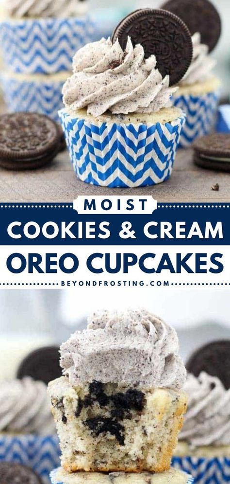 Cookies and Cream Oreo Cupcakes, cupcakes, easy oreo dessert ideas Cookies And Cream Filled Cupcakes, Cupcake Recipes Cookies And Cream, Oreo Vanilla Cupcakes, Cookies And Cream Cupcakes Recipe, Best Oreo Cupcakes, Cookies And Cream Cupcakes Oreo, Oreo Flavored Desserts, Cupcake Recipes Oreo, Vanilla Stuffed Cupcakes