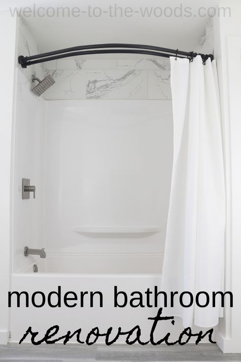 This modern bathroom renovation features a lot of white, airy and bright aesthetics with pops of black hardware. This double curved shower rod is exactly what I want in our tub shower surround! Double Rod Shower Curtain Ideas, Double Shower Rod, Double Shower Curtain Rod, Sacred Room, Curved Shower Curtain Rod, Curved Shower Rod, Double Shower Curtain, Modern Bathroom Renovations, Shower Area