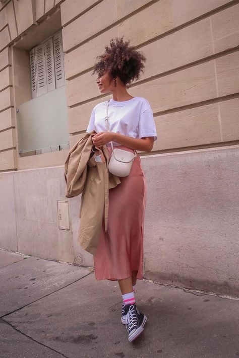 Slip Skirt Sneakers Outfit, Slip Skirt With Sneakers, Dresses And Skirts With Sneakers, Sneakers With Skirt Outfits, Pink Slip Skirt Outfit, Shoes To Wear With Skirts, Sneakers With Skirts, Pink Slip Skirt, Skirt With Sneakers