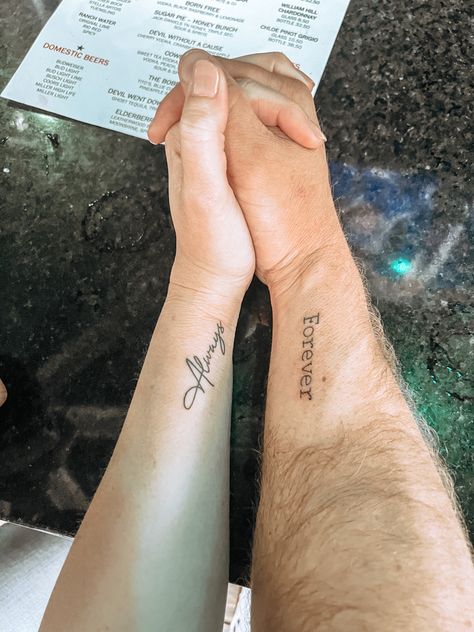 Couples Pinky Promise Tattoo, Couples Tattoos Always And Forever, Husband And Wide Tattoos, We're Simply Meant To Be Tattoo, Couple Tattoos Always And Forever, Godly Couple Tattoos, Forever And Always Couple Tattoos, Forever Always Tattoo Couple, Always And Forever Couple Tattoo
