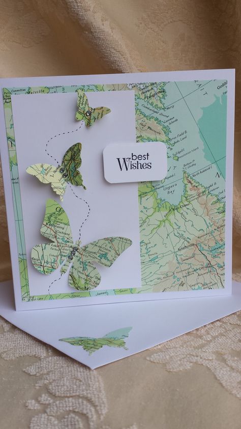 Multi-purpose Butterfly Map card - for anyone who's moving on - new job, new house, going travelling, etc. Cards With Maps, Going Away Scrapbook Ideas, Moving Cards Diy, Moving Away Cards, Bon Voyage Cards, Farewell Card, Butterfly Birthday Cards, Cards Masculine, Leaving Cards