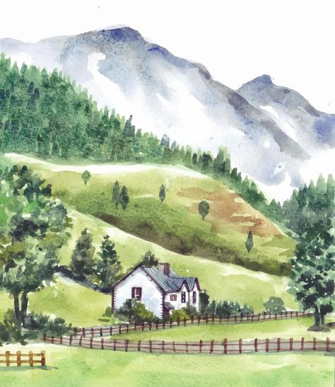 Nature, Landscape With House, Paint Nature, Easy Landscape Paintings, Watercolor Scenery, Painting House, Vector Nature, Watercolor Paintings Nature, Watercolor Art Landscape